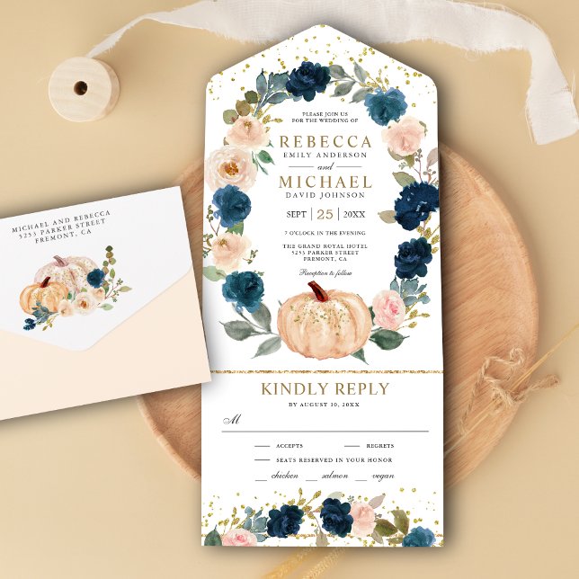 Invitation Tout En Un Rustic Navy Blue et Peach Floral Citrouille Mariag (Créateur téléchargé)