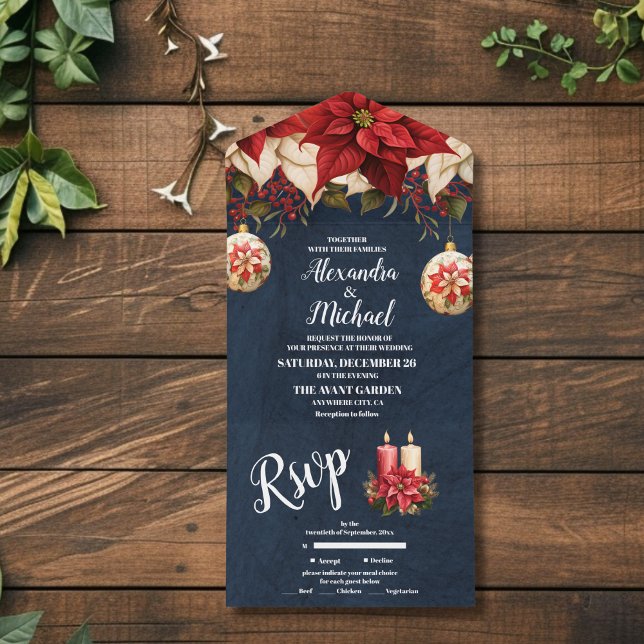 Invitation Tout En Un Rustic Navy Poinsettia Floral Mariage de Noël (Créateur téléchargé)