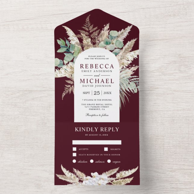 Invitation Tout En Un Rustic Pampas Eucalyptus Arch Burgundy Wedding (À l'intérieur)