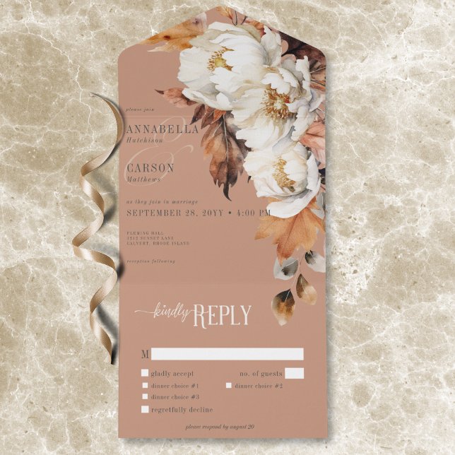 Invitation Tout En Un Rustic Rust & Cream Fall Floral & Dîner Feuille (Rustic Rust & Cream Fall Floral & Leaves Dinner All In One Invitation)