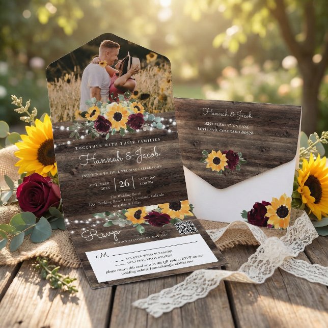 Invitation Tout En Un Rustic Sunflower Roses Photo QR Code Wedding (Créateur téléchargé)