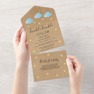 Invitation Tout En Un Rustic Twinkle Twinkle Baby shower de nuages bleus