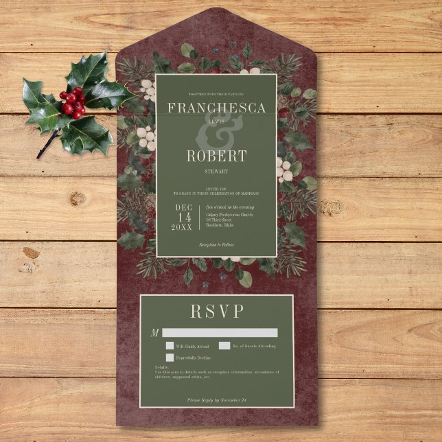 Invitation Tout En Un Rustic Winter Berries & Pine Bourgogne Détails (Rustic Winter Berries & Pine Burgundy Details All In One Invitation)
