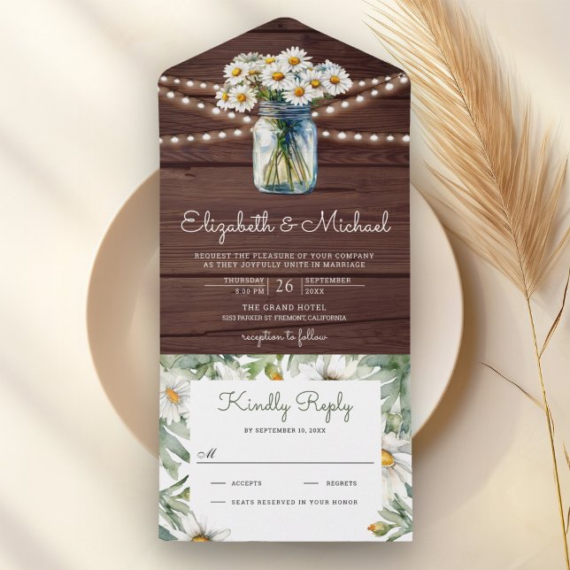 Invitation Tout En Un Rustic Wood Daisies Floral Mason Jar Wedding (Créateur téléchargé)