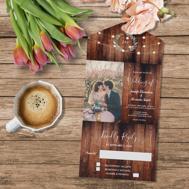 Invitation Tout En Un Rustic wood photo string lights country Wedding (Rustic wood photo string lights Wedding All In One Invitation. For your rustic country wedding.)