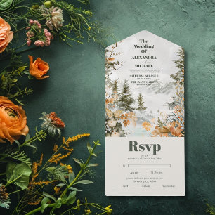 Invitation Tout En Un Rustique Aquarelle Montagnes Pine Mariage d'hiver