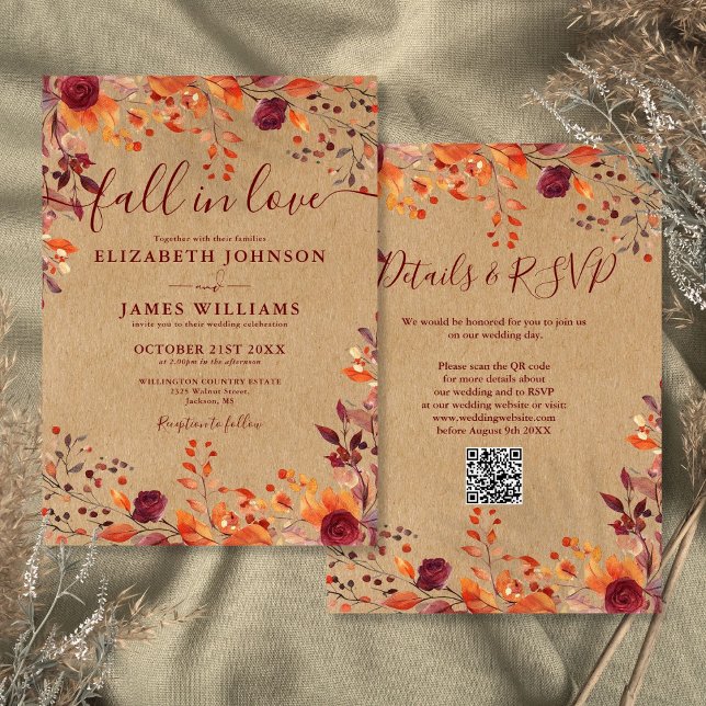 Invitation Tout en un Rustique Automne Coup de foudre Code QR (All In One Rustic Fall In Love QR Code Wedding Invitation)