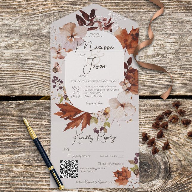 Invitation Tout En Un Rustique Automne Neutre Wreath gris QR Code (Also available without a QR code; with or without dinner selection options.)