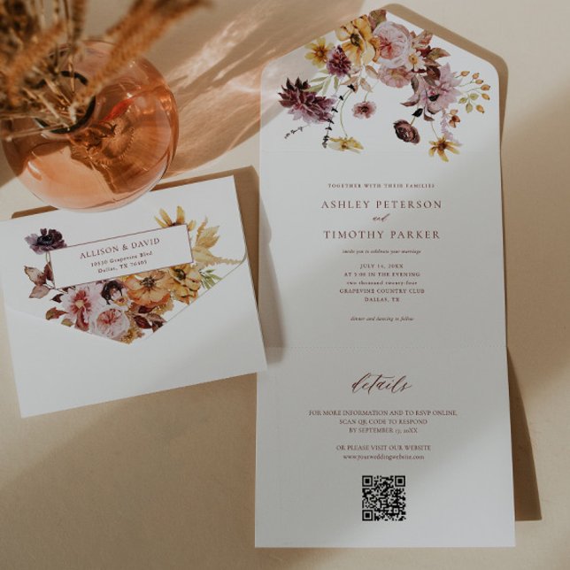 Invitation Tout En Un Rustique Automne Terracotta Floral Mariage QR (Créateur téléchargé)
