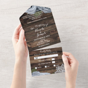 Invitation Tout En Un Rustique bleu Dusty Rose Vintage Mariage dentelle