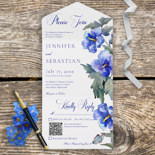 Invitation Tout En Un Rustique bleu matin gloire Floral QR Code