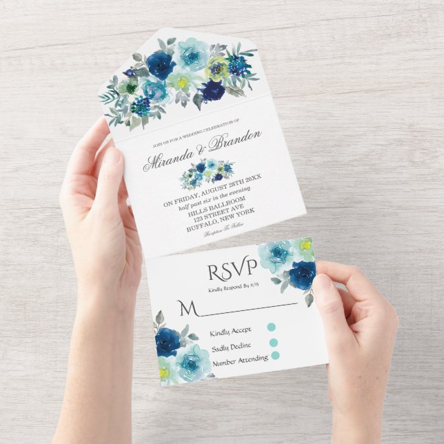 Invitation Tout En Un Rustique Bleu Turquoise Aquarelle Peony Mariage (Déchirure)