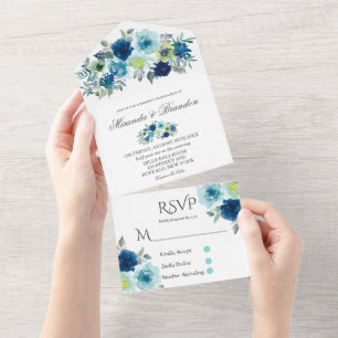 Invitation Tout En Un Rustique Bleu Turquoise Aquarelle Peony Mariage