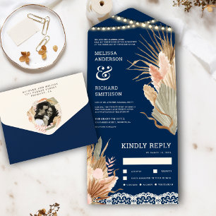 Invitation Tout En Un Rustique Bohème Palmier Séché Pampas Bleu Marine M