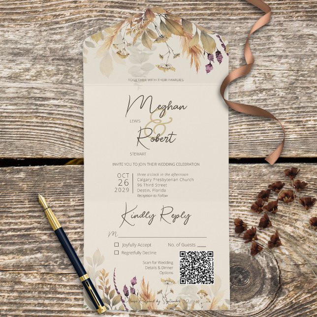 Invitation Tout En Un Rustique Boho Automne Fleur sauvage Cream QR Code (Créateur téléchargé)