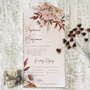 Invitation Tout En Un Rustique Boho Blush Neutral Floral Tan Dîner
