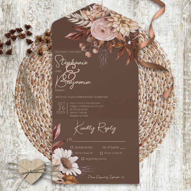 Invitation Tout En Un Rustique Boho Blush Neutrals Floral Brown Dîner (Créateur téléchargé)