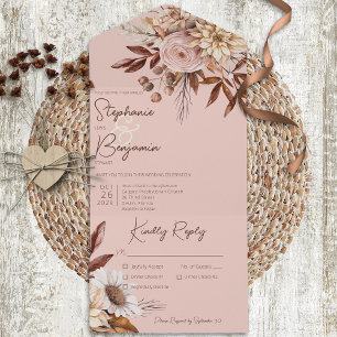 Invitation Tout En Un Rustique Boho Blush Neutrals Floral Rose Dîner