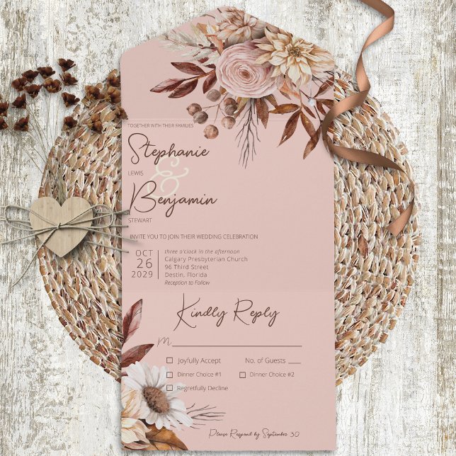Invitation Tout En Un Rustique Boho Blush Neutrals Floral Rose Dîner (Créateur téléchargé)