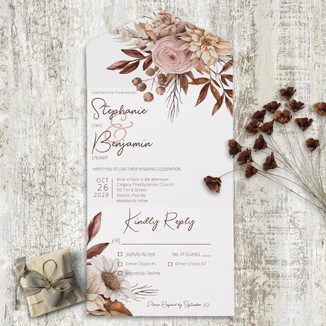 Invitation Tout En Un Rustique Boho Blush Neutres Floral Blanc Dîner (Créateur téléchargé)