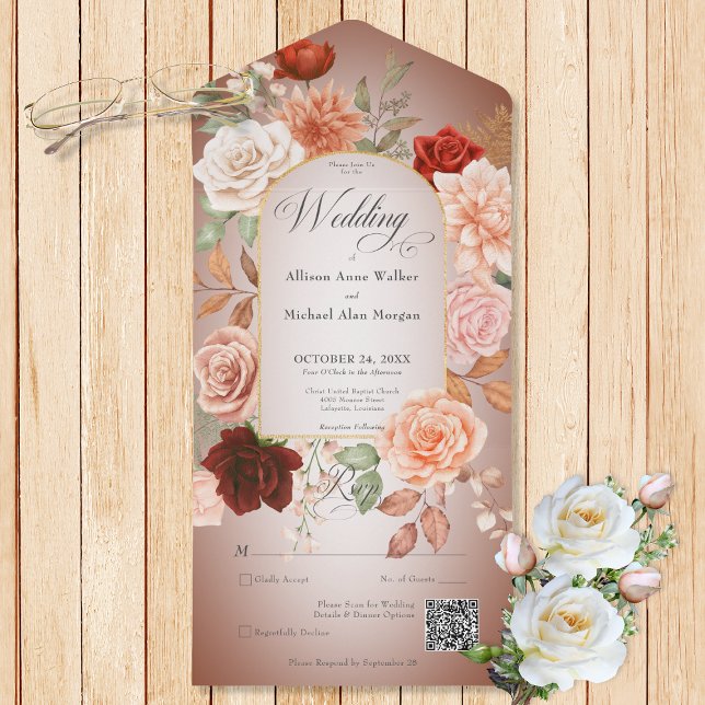 Invitation Tout En Un Rustique Boho rouille & broche florale Rust QR Cod (Also available without a QR code; with or without dinner selection options.)