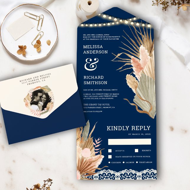 Invitation Tout En Un Rustique Boho séché Palm Pampas Mariage bleu marin (Créateur téléchargé)