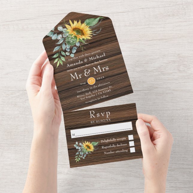 Invitation Tout En Un Rustique Boho Sunflower Eucalyptus Jardin Mariage (Déchirure)