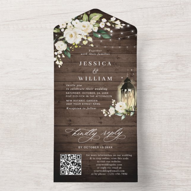 Invitation Tout En Un Rustique Bois blanc Roses Mariage QR code (À l'intérieur)