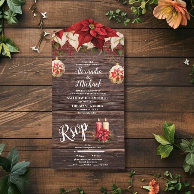 Invitation Tout En Un Rustique Bois Poinsettia Floral Mariage de Noël (Créateur téléchargé)