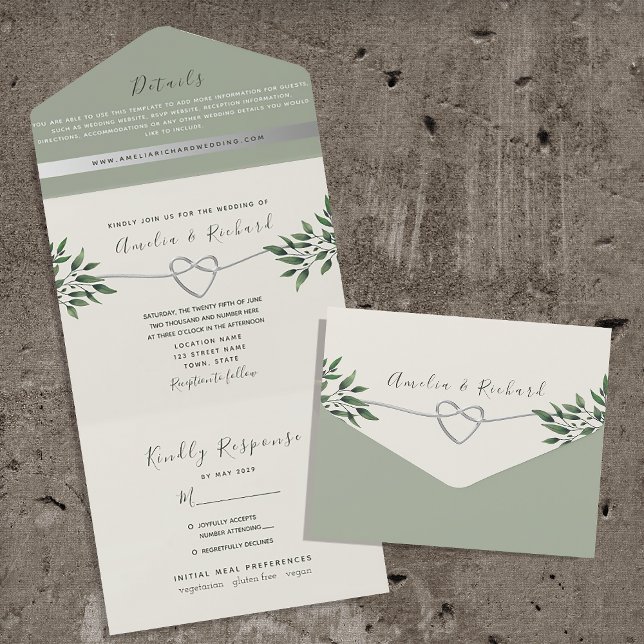 Invitation Tout En Un Rustique Botanique Sage Mariage vert (Créateur téléchargé)