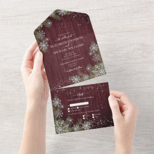 Invitation Tout En Un Rustique Bourgogne Argent Hiver Bois Mariage +Menu
