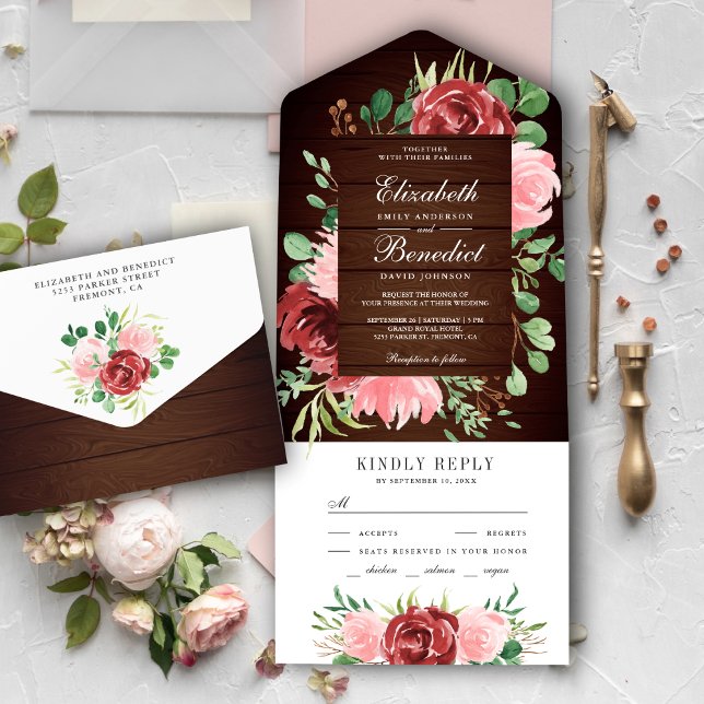 Invitation Tout En Un Rustique Bourgogne et rose pâle Mariage en bois fl (Créateur téléchargé)