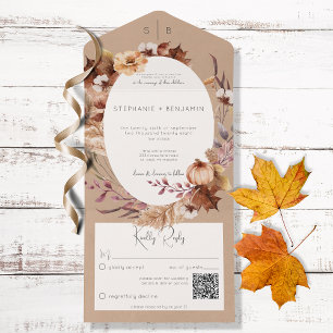 Invitation Tout En Un Rustique Brown Automne Floral & Feuille QR Code