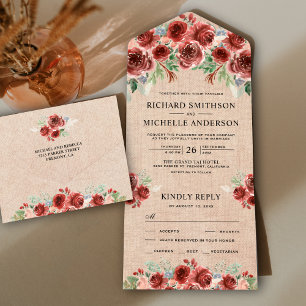 Invitation Tout En Un Rustique Burlap Pays Marsala Floral Floral Mariage
