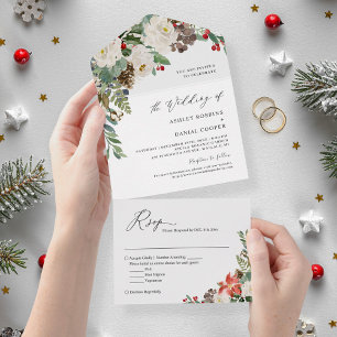 Invitation Tout En Un Rustique Chic Hiver Floral Mariage de baies de pin