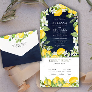 Invitation Tout En Un Rustique Citrus Lemon Orchard Mariage bleu marine