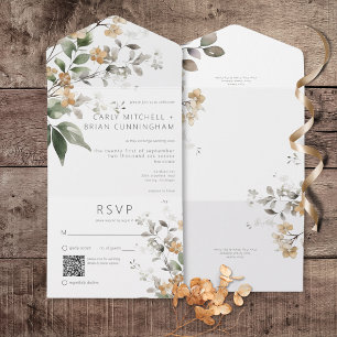 Invitation Tout En Un Rustique Delicate Tan Fall Fleur sauvage QR Code