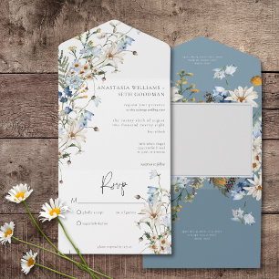 Invitation Tout En Un Rustique Dusty Blue Fleurs sauvages & Daisées Pas