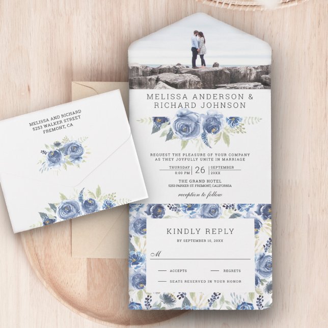 Invitation Tout En Un Rustique Dusty Blue Grey Floral Mariage photo (Créateur téléchargé)