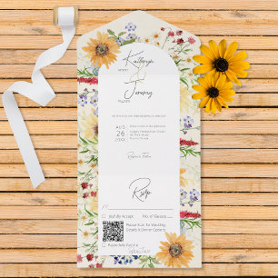 Invitation Tout En Un Rustique Fleur sauvage d'été Sunflower Crème QR Co
