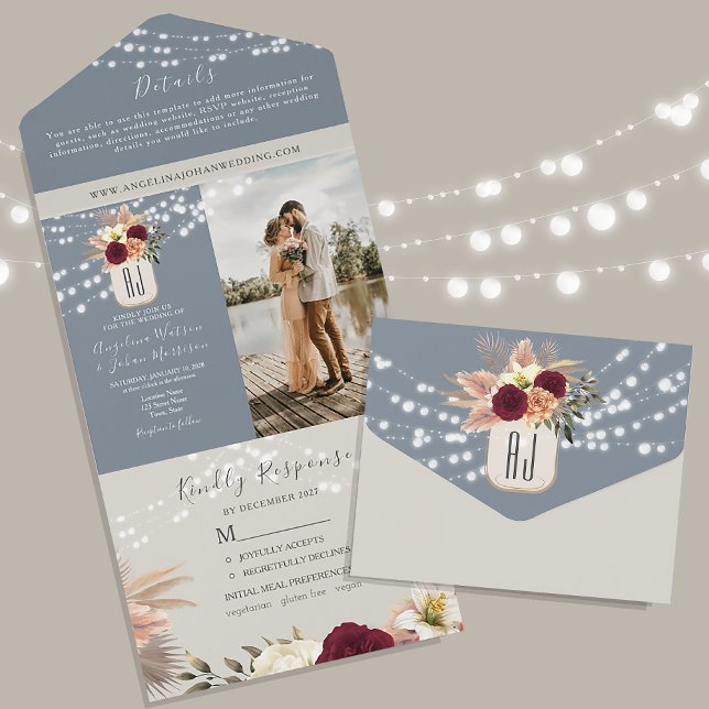 Invitation Tout En Un Rustique Floral Bourgogne et Dusty Blue Mariage (Créateur téléchargé)