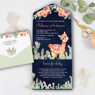 Invitation Tout En Un Rustique Floral Cactus Llama Marine Baby shower bl