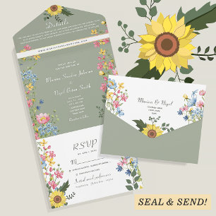 Invitation Tout En Un Rustique Floral Jaune et Mariage vert Sage
