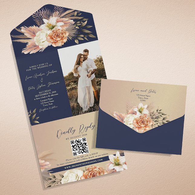 Invitation Tout En Un Rustique Floral Mariage bleu marine (Créateur téléchargé)
