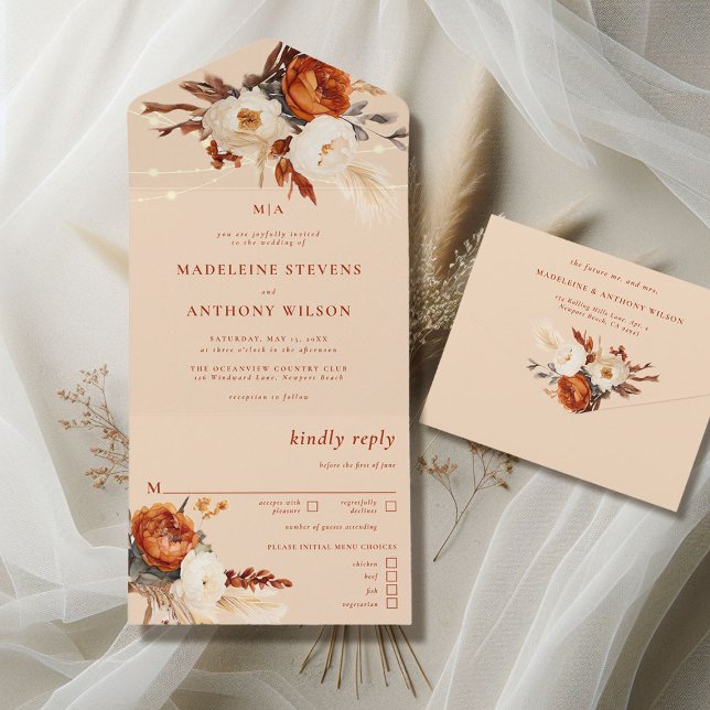 Invitation Tout En Un Rustique Floral Pampas Botanique Automne Boho Mari (rustic barn wedding invitation all in one burnt orange boho floral botanical rust terracotta cream)
