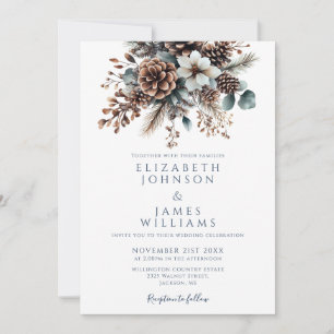 Invitation Tout en un Rustique Floral Pinecone QR Code Mariag