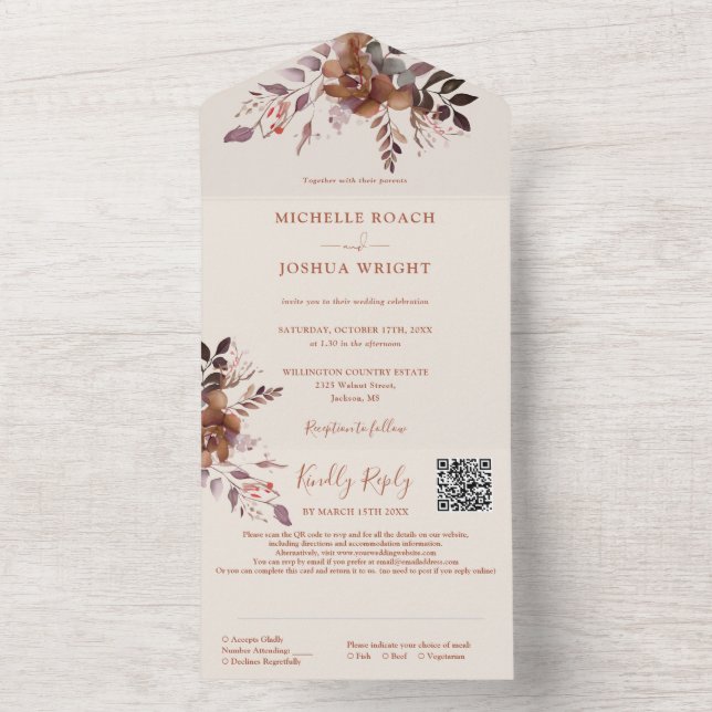 Invitation Tout En Un Rustique Floral QR Code Automne Mariage de automne (À l'intérieur)
