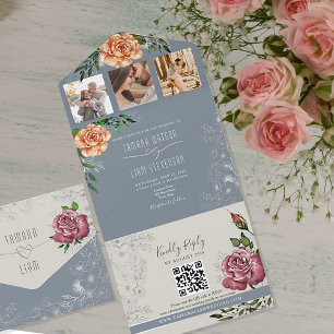 Invitation Tout En Un Rustique Floral Rose Pêche Bleu Poussiéreux Mariag