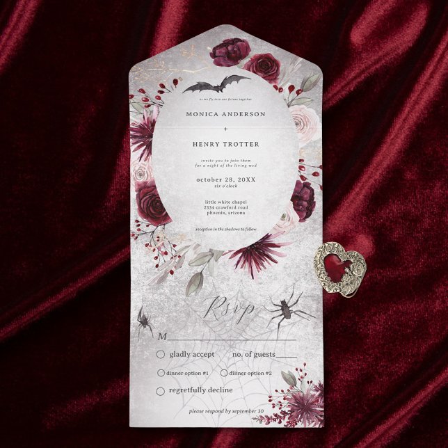 Invitation Tout En Un Rustique Gothique Fleurs de table Noir et Bourgogn (Also available with a QR code or without dinner selection options.)
