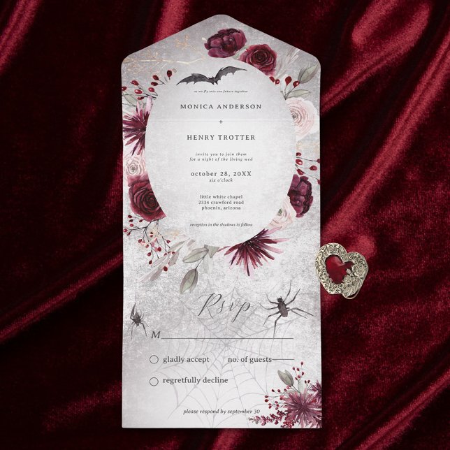 Invitation Tout En Un Rustique gothique Noir & Bourgogne Floral Pas de d (Also available with a QR code or with dinner selection options.)